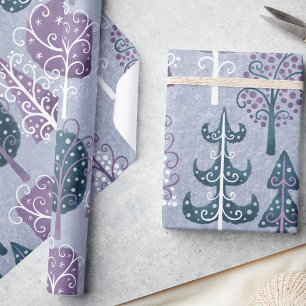 Cute Whimsical  Forest Christmas Tree Purple  Wrapping Paper