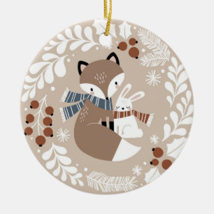 Cute Whimsical Fox and Rabbit Ceramic Tree Decoration