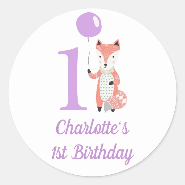 Cute Whimsical Fox & Balloon Purple 1st Birthday Classic Round Sticker (Front)