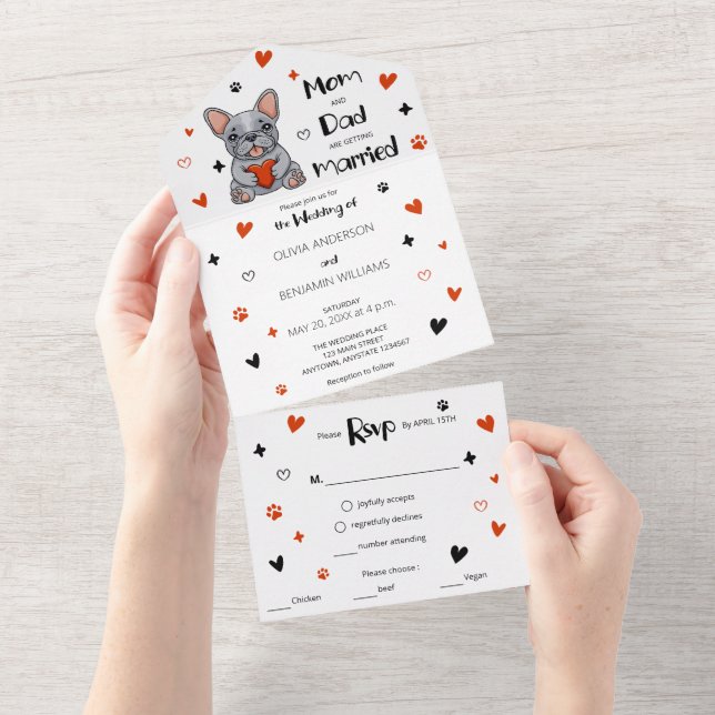 Cute Whimsical French Bulldog Wedding All In One Invitation (Tearaway)