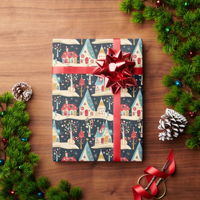 Cute Whimsical Fun & Festive Christmas Village Wrapping Paper (Holiday Gift)