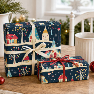 Cute Whimsical Fun & Festive Christmas Village Wrapping Paper Sheet