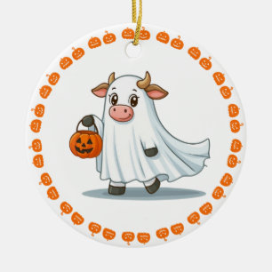 Cute, whimsical, ghost cow ceramic tree decoration
