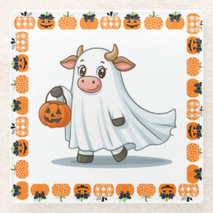 Cute, whimsical, ghost cow glass coaster