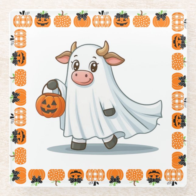 Cute, whimsical, ghost cow glass coaster (Front)
