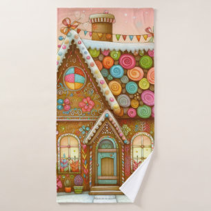 Cute, whimsical gingerbread house bath towel