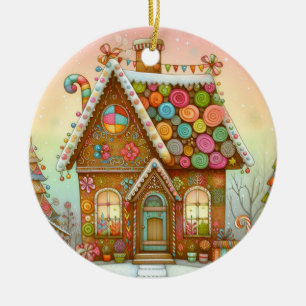 Cute, whimsical gingerbread house ceramic tree decoration