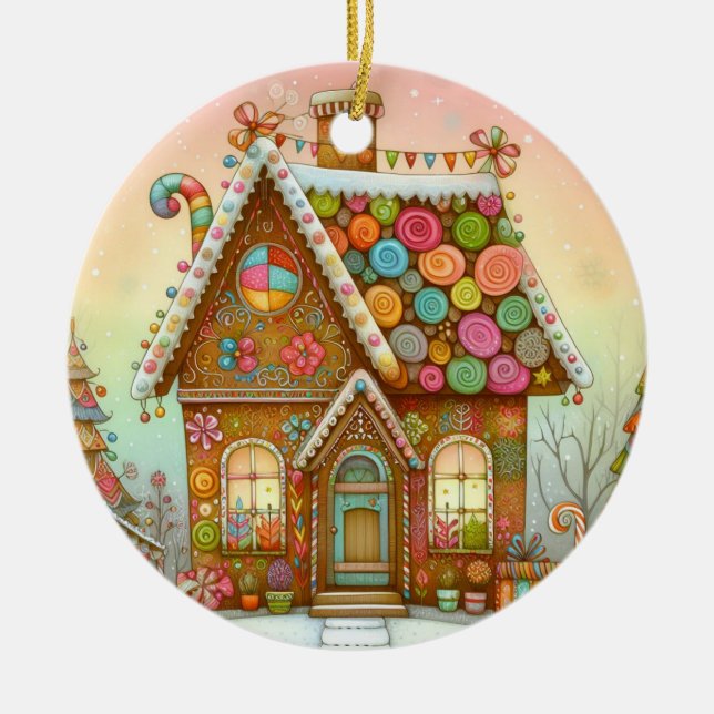 Cute, whimsical gingerbread house ceramic tree decoration (Front)