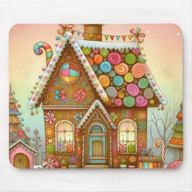 Cute, whimsical gingerbread house mouse mat (Front)