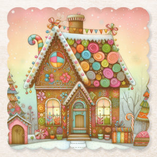 Cute, whimsical gingerbread house paper coaster