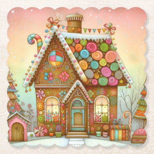 Cute, whimsical gingerbread house paper coaster (Front)