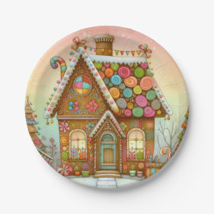 Cute, whimsical gingerbread house paper plate
