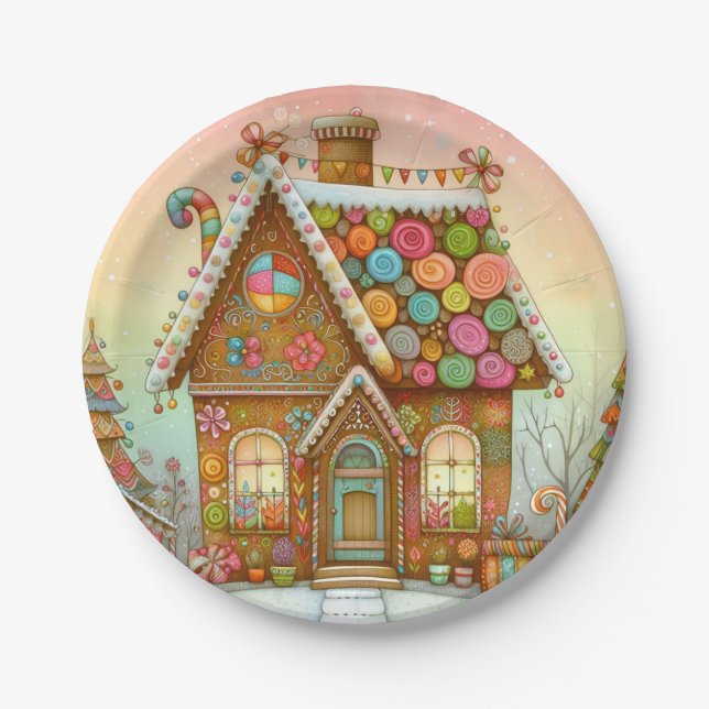Cute, whimsical gingerbread house paper plate (Front)