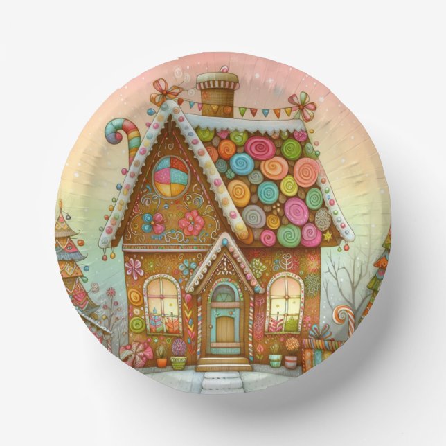Cute, whimsical gingerbread house paper plate (Front)