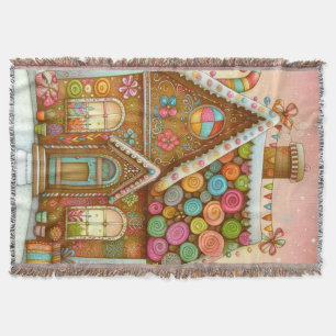 Cute, whimsical gingerbread house throw blanket