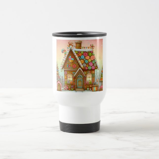 Cute, whimsical gingerbread house travel mug (Center)