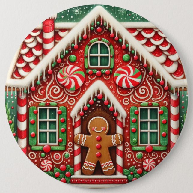 Cute, whimsical gingerbread man & house 6 cm round badge (Front)