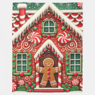Cute, whimsical gingerbread man & house fleece blanket