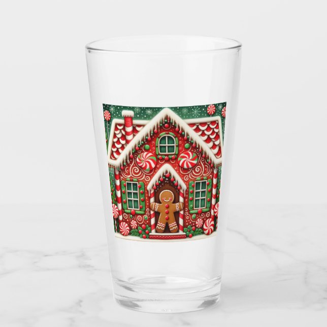 Cute, whimsical gingerbread man & house glass (Front)