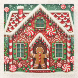Cute, whimsical gingerbread man & house glass coaster