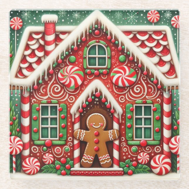 Cute, whimsical gingerbread man & house glass coaster (Front)