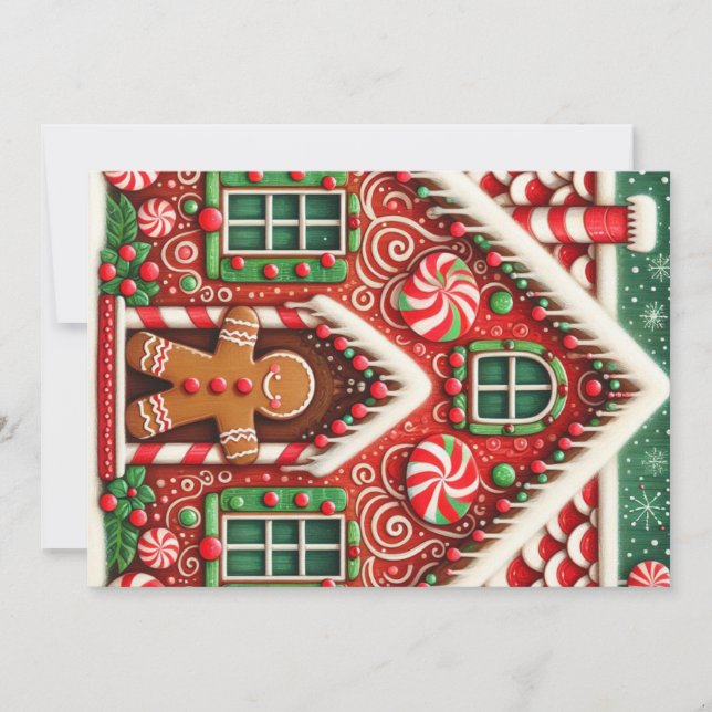 Cute, whimsical gingerbread man & house holiday card (Front)