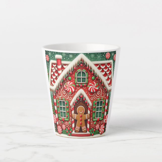 Cute, whimsical gingerbread man & house latte mug (Front)
