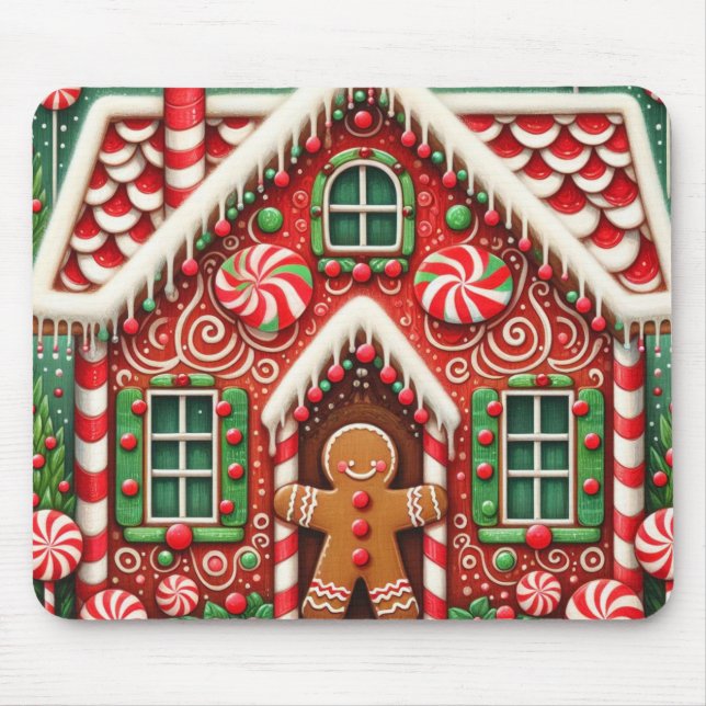 Cute, whimsical gingerbread man & house mouse mat (Front)