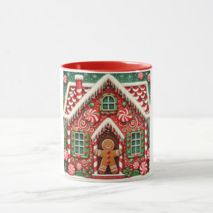 Cute, whimsical gingerbread man & house mug