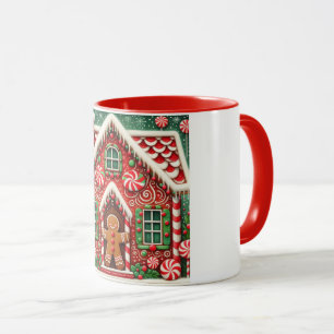 Cute, whimsical gingerbread man & house mug