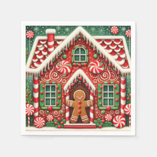 Cute, whimsical gingerbread man & house napkin