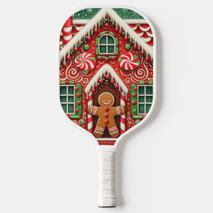 Cute, whimsical gingerbread man & house pickleball paddle