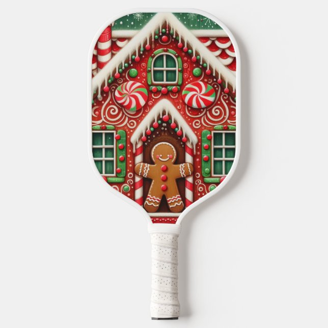 Cute, whimsical gingerbread man & house pickleball paddle (Front)