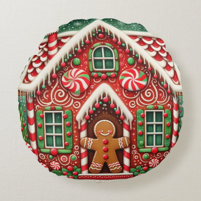 Cute, whimsical gingerbread man & house round cushion (Front)