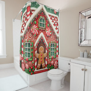 Cute, whimsical gingerbread man & house shower curtain