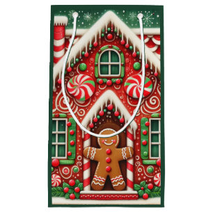 Cute, whimsical gingerbread man & house small gift bag