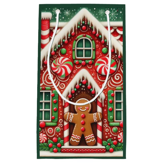 Cute, whimsical gingerbread man & house small gift bag (Front)