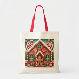 Cute, whimsical gingerbread man & house tote bag