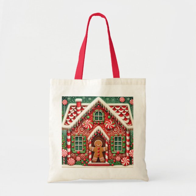Cute, whimsical gingerbread man & house tote bag (Front)