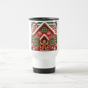 Cute, whimsical gingerbread man & house travel mug