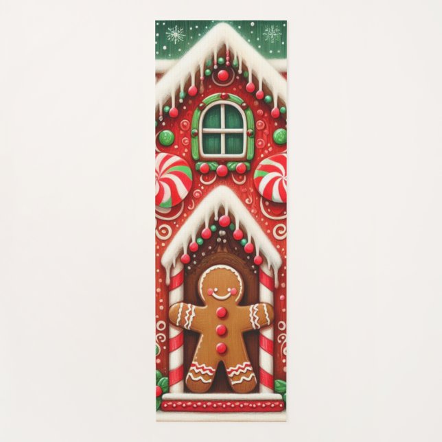 Cute, whimsical gingerbread man & house yoga mat (Front)