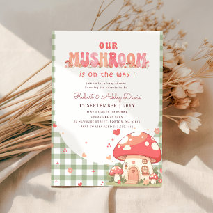 Cute Whimsical Gingham Pink Mushroom Baby Shower Invitation