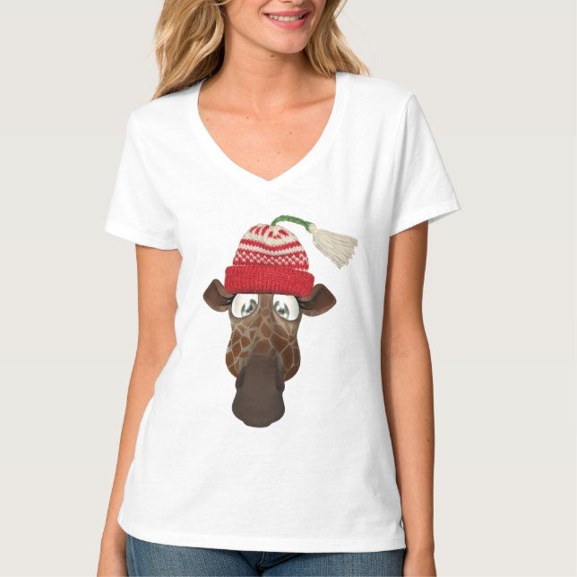 Cute Whimsical Giraffe in Winter Hat T-Shirt (Front)