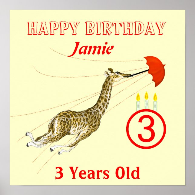 Cute Whimsical Giraffe Umbrella  Birthday Poster (Front)