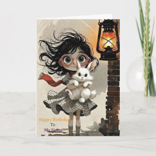 Cute Whimsical Girl Holding Bunny Art for sister Card