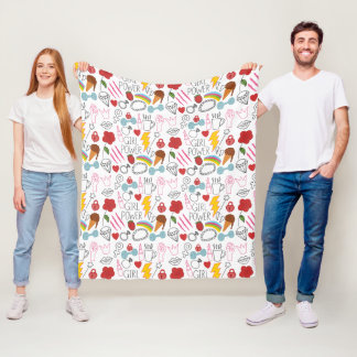 Cute Whimsical Girl Power Doodle Retro Fleece Blanket