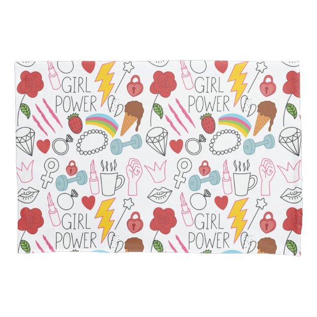 Cute Whimsical Girl Power Doodle Retro Pillowcase (Front)