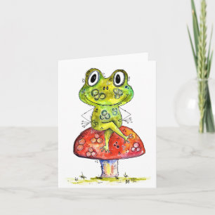 Cute Whimsical Green Frog on Toadstool Card