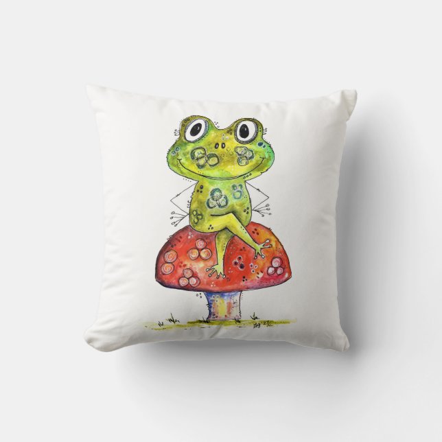 Cute Whimsical Green Frog on Toadstool Cushion (Front)