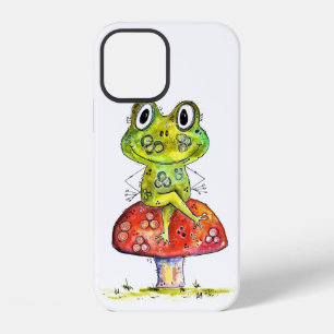 Cute Whimsical Green Frog on Toadstool iPhone 12 Case